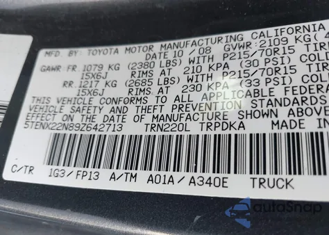 2009 Toyota Tacoma z USA, uszkodzony, nr VIN 5TENX22N89Z642713